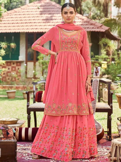 Pretty Pink Embroidered Georgette Festival wear Peplum Top Lehenga